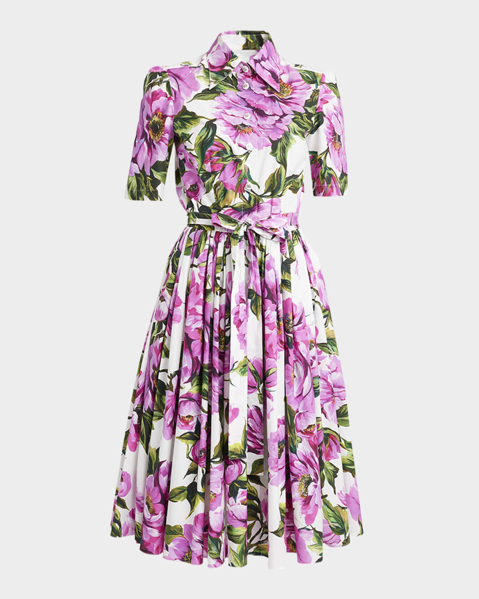 Peony-Print Short-Sleeve Pleated Midi Shirtdress